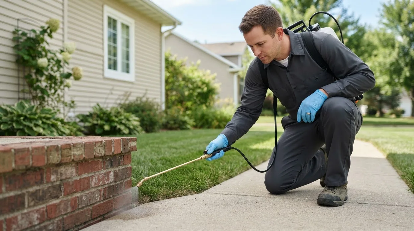 Pest control technician treating a home near West Paris, ME